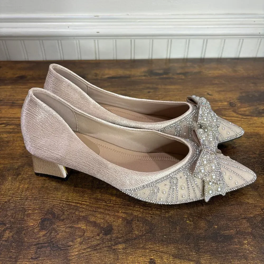 Taoyimei EU‎ 40 Formal Heels Pumps Bows Rhinestones Pearls Bridal Prom